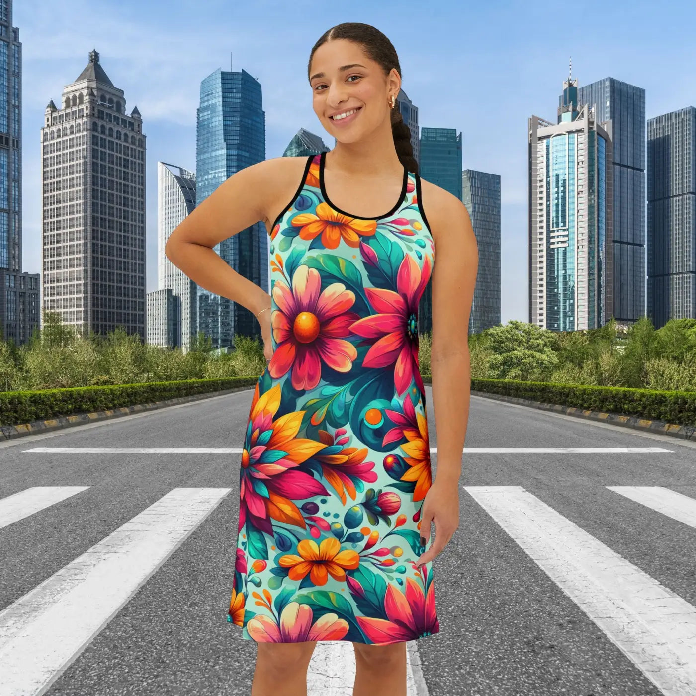 Vibrant Floral Print Racerback Dress - Casual Outings - DipaliZ