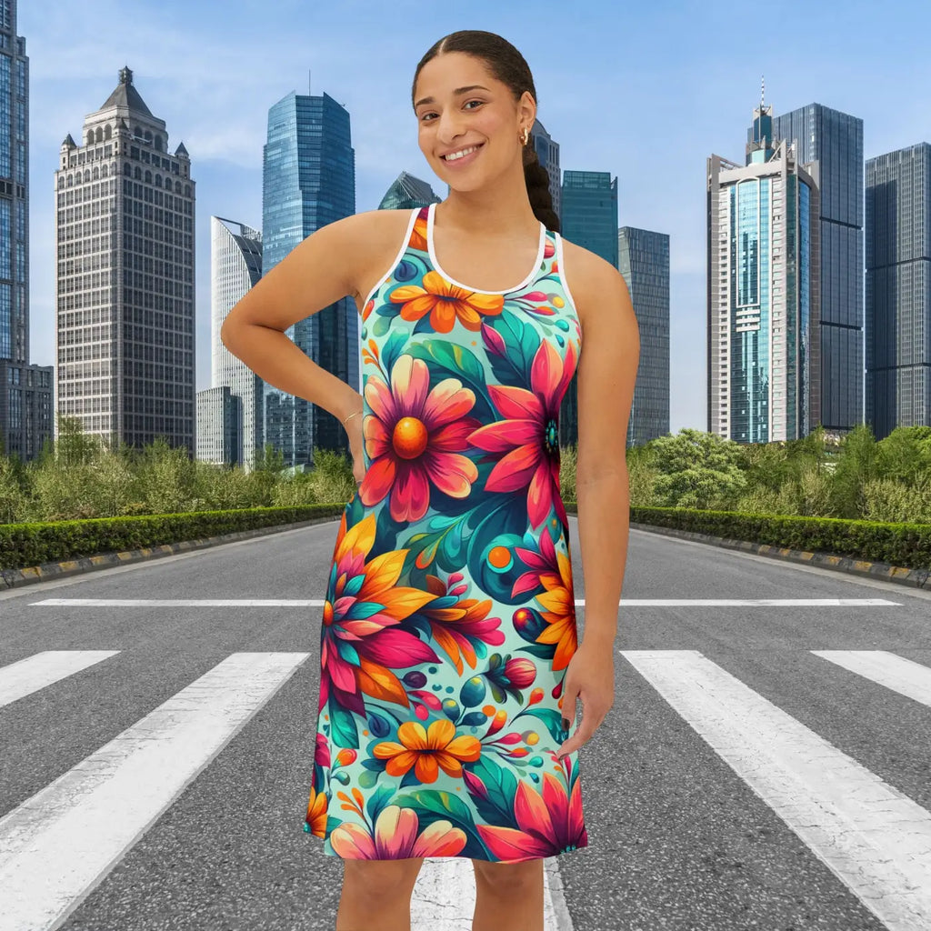 Vibrant Floral Print Racerback Dress - Casual Outings - DipaliZ