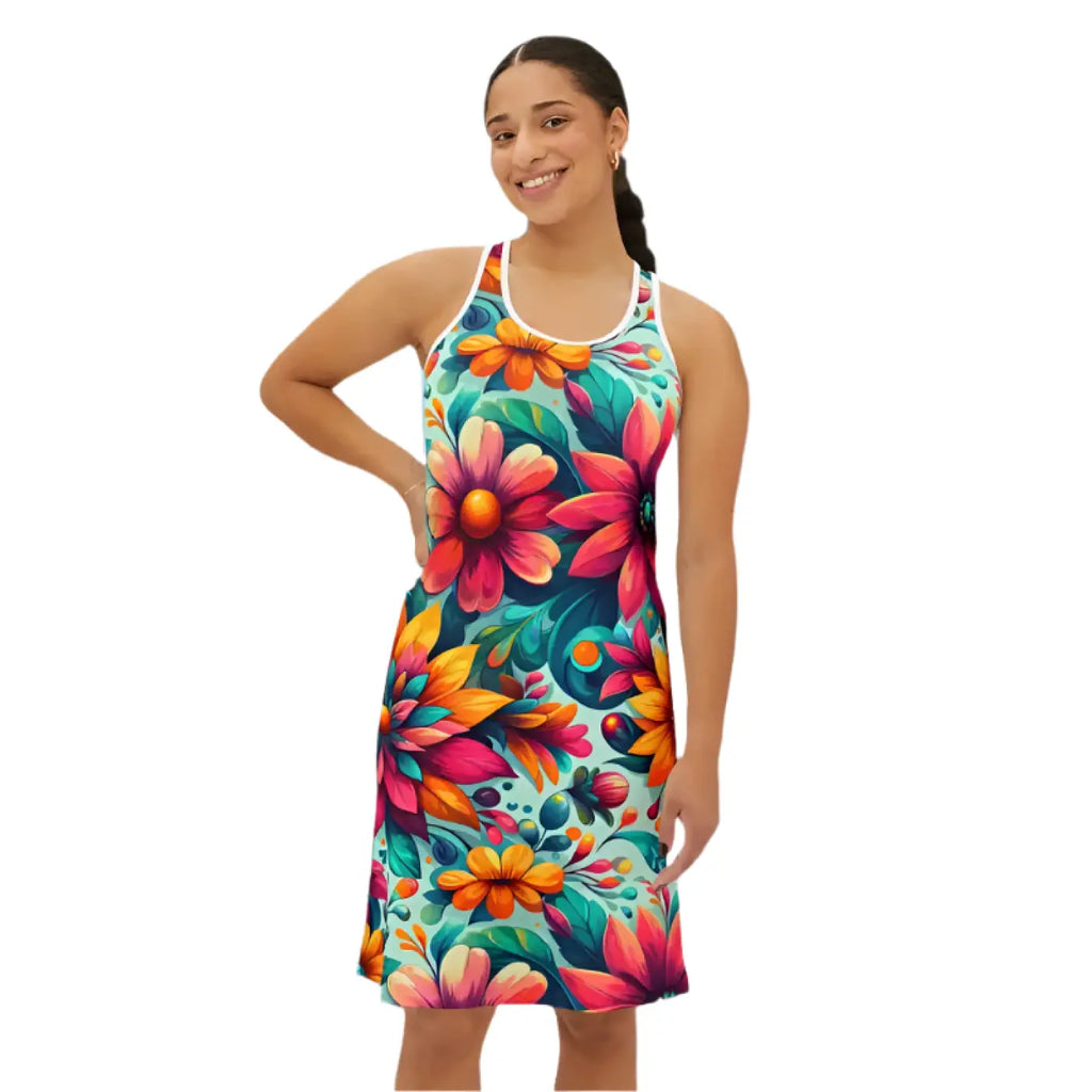 Vibrant Floral Print Racerback Dress - Casual Outings - DipaliZ