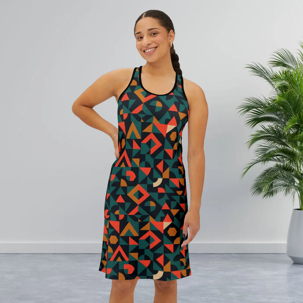 Vibrant Geometric Women's Racerback Dress - Unique Everyday Wear - DipaliZ