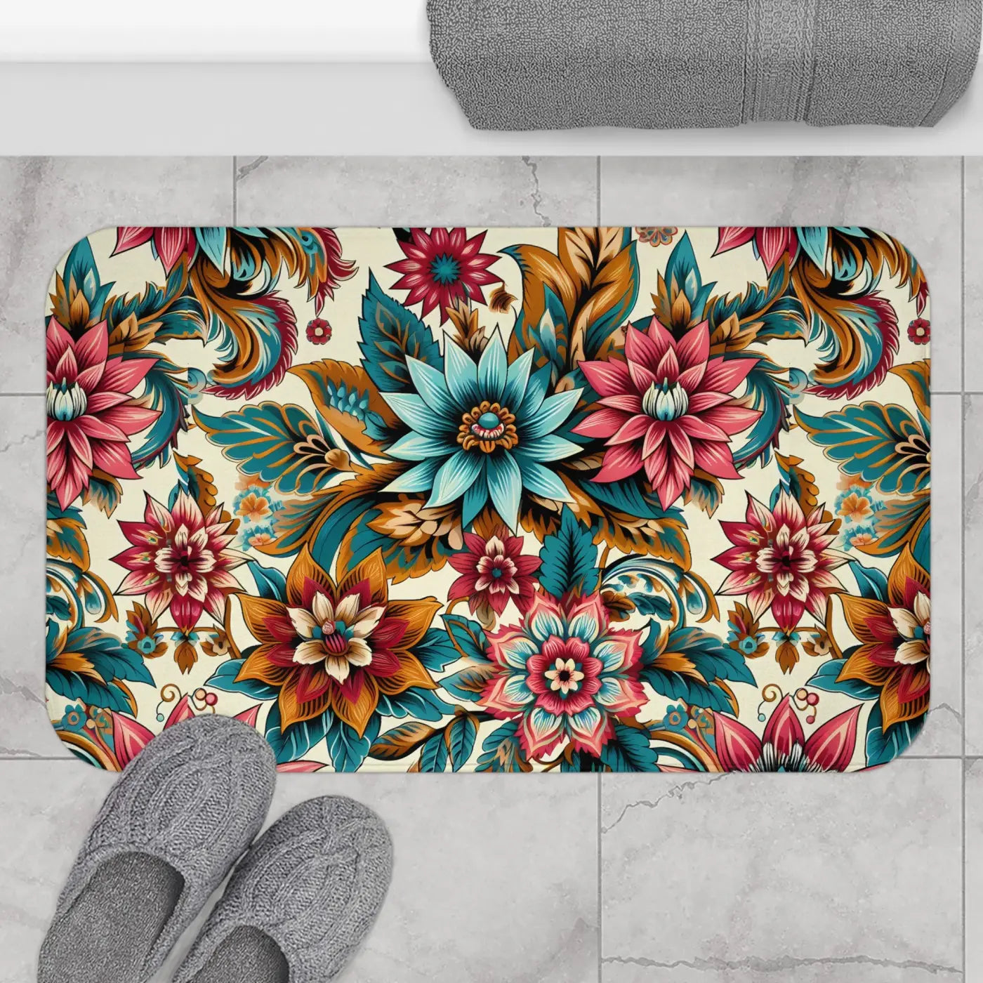 Vibrant Large Flower Bath Mat - Monochrome Floral - DipaliZ