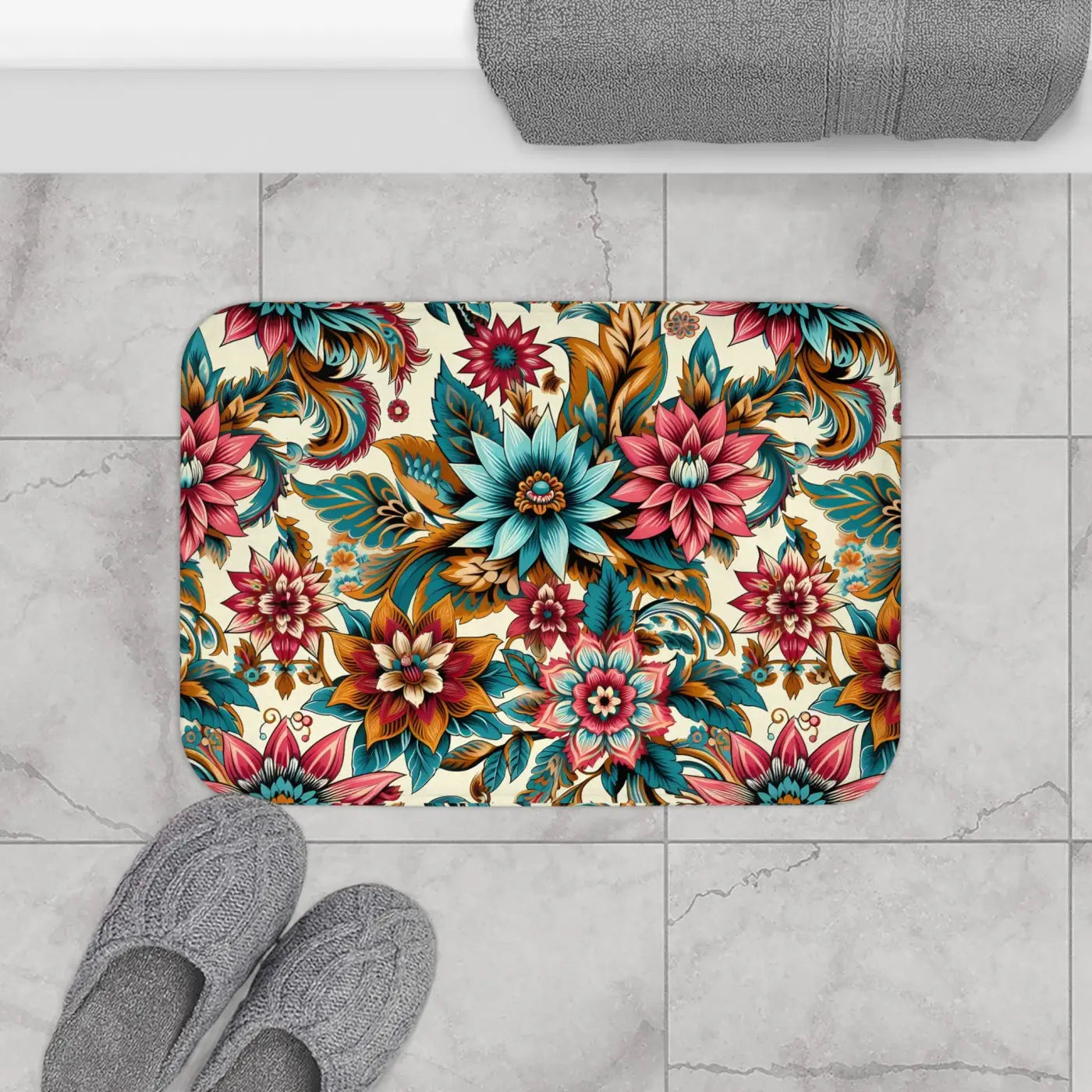 Vibrant Large Flower Bath Mat - Monochrome Floral - DipaliZ