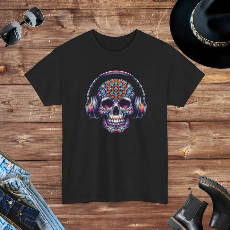 Vibrant Skull With Headphones Cotton Tee - Unisex Heavy - DipaliZ