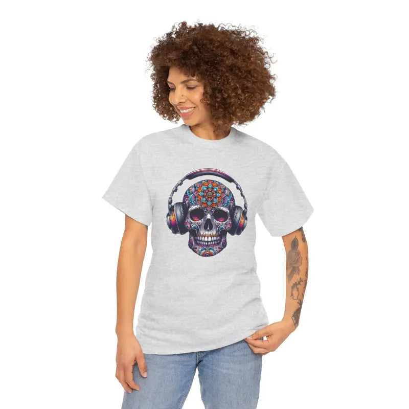 Vibrant Skull With Headphones Cotton Tee - Unisex Heavy - DipaliZ