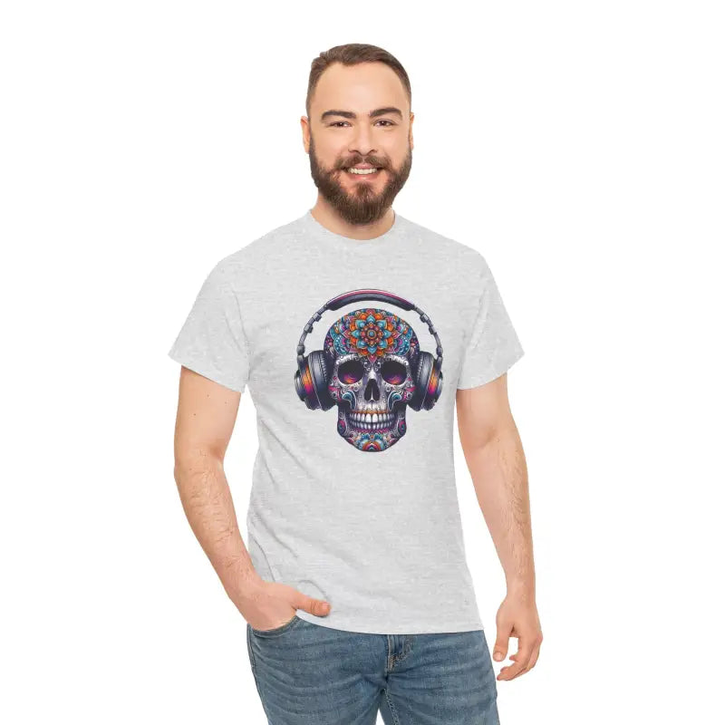 Vibrant Skull With Headphones Cotton Tee - Unisex Heavy - DipaliZ
