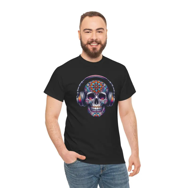 Vibrant Skull With Headphones Cotton Tee - Unisex Heavy - DipaliZ