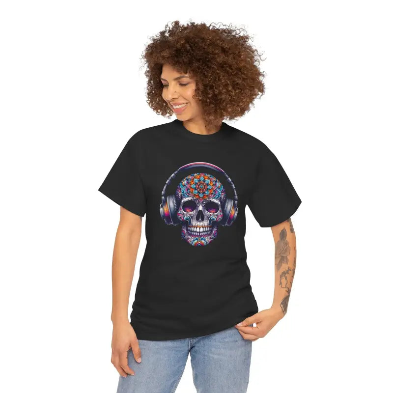 Vibrant Skull With Headphones Cotton Tee - Unisex Heavy - DipaliZ