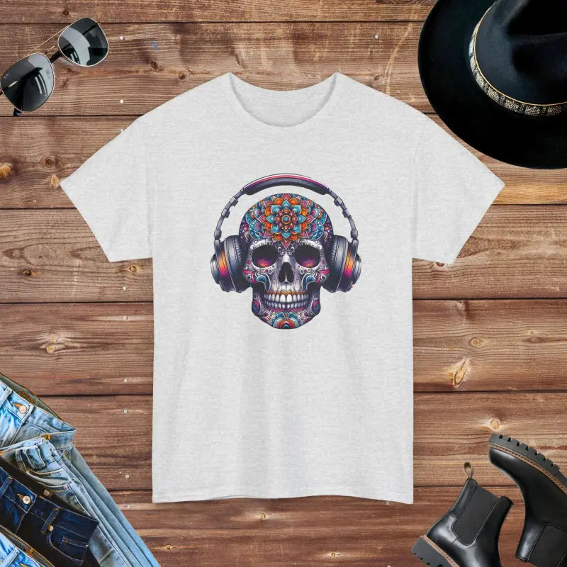 Vibrant Skull With Headphones Cotton Tee - Unisex Heavy - DipaliZ