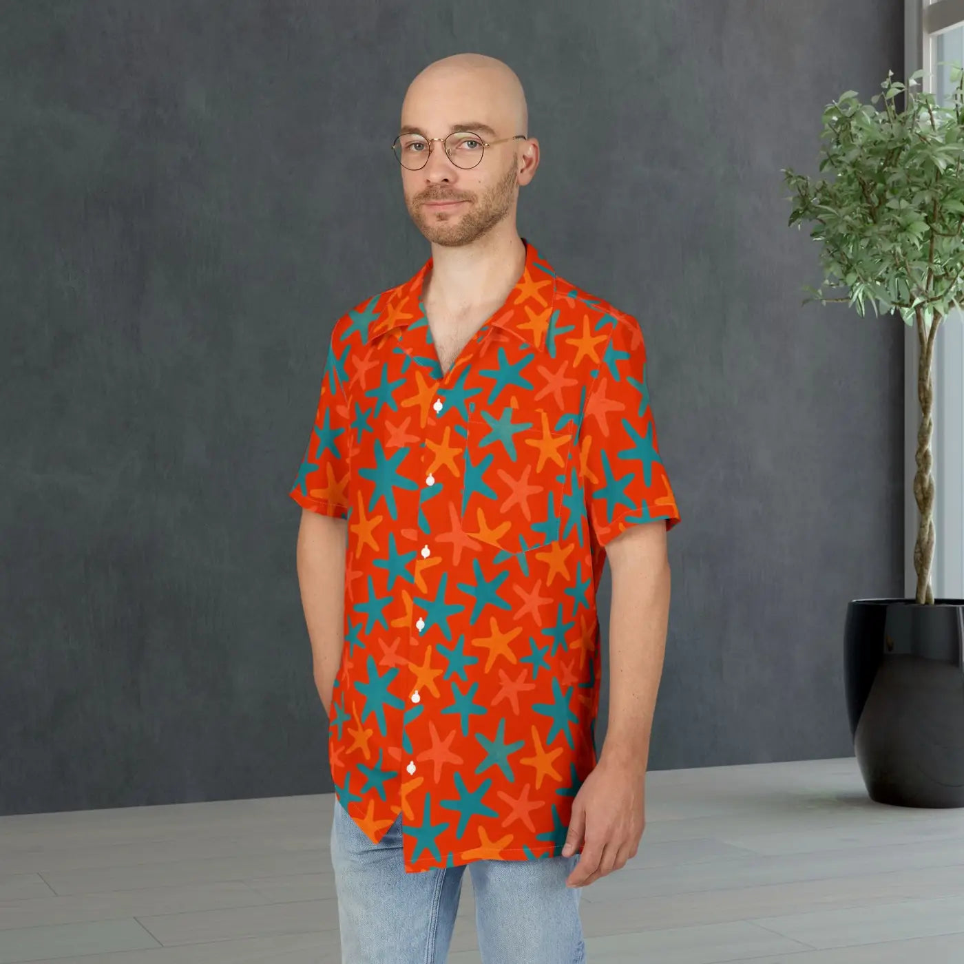 Premium Vibrant Starfish Hawaiian Button-Down Shirt - DipaliZ