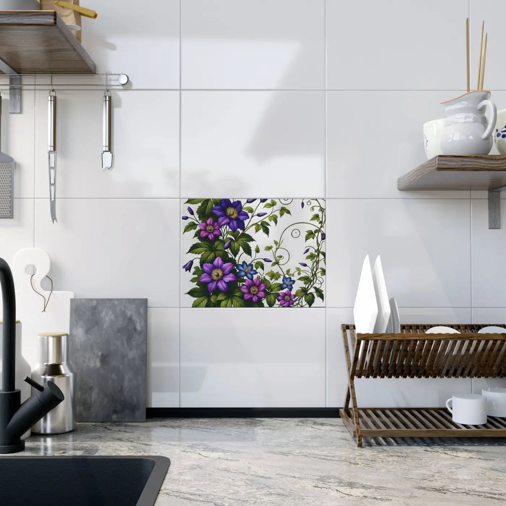 Purple Clematis Flowers Ceramic Photo Tile - Wall Art - DipaliZ