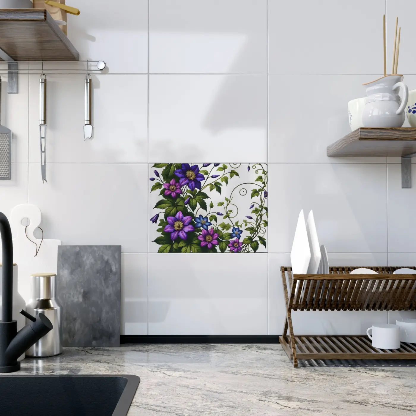 Purple Clematis Flowers Ceramic Photo Tile - Wall Art - DipaliZ