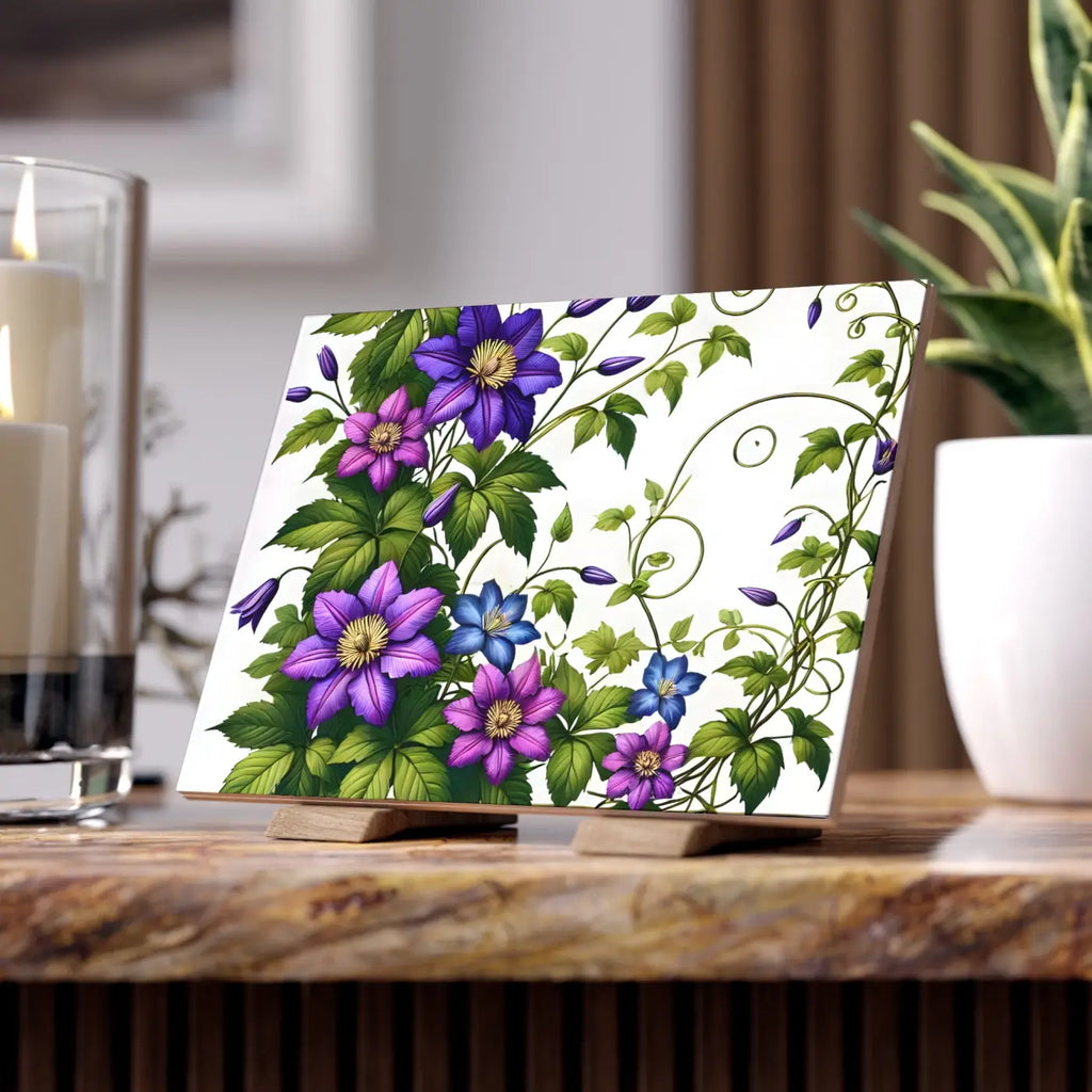 Purple Clematis Flowers Ceramic Photo Tile - Wall Art - DipaliZ