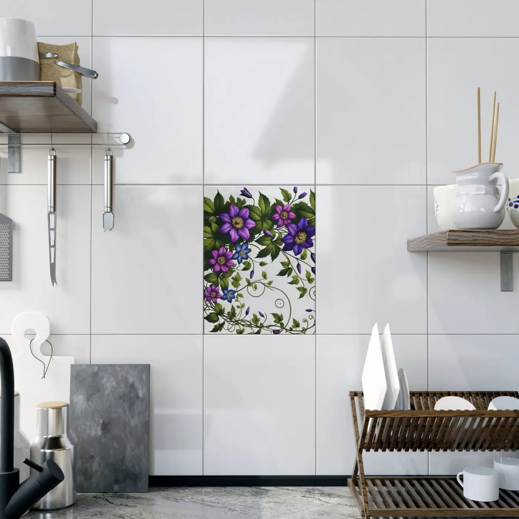 Purple Clematis Flowers Ceramic Photo Tile - Wall Art - DipaliZ