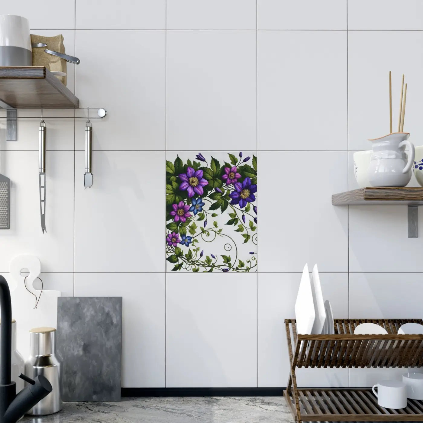 Purple Clematis Flowers Ceramic Photo Tile - Wall Art - DipaliZ