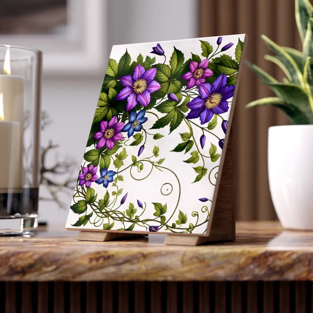 Purple Clematis Flowers Ceramic Photo Tile - Wall Art - DipaliZ