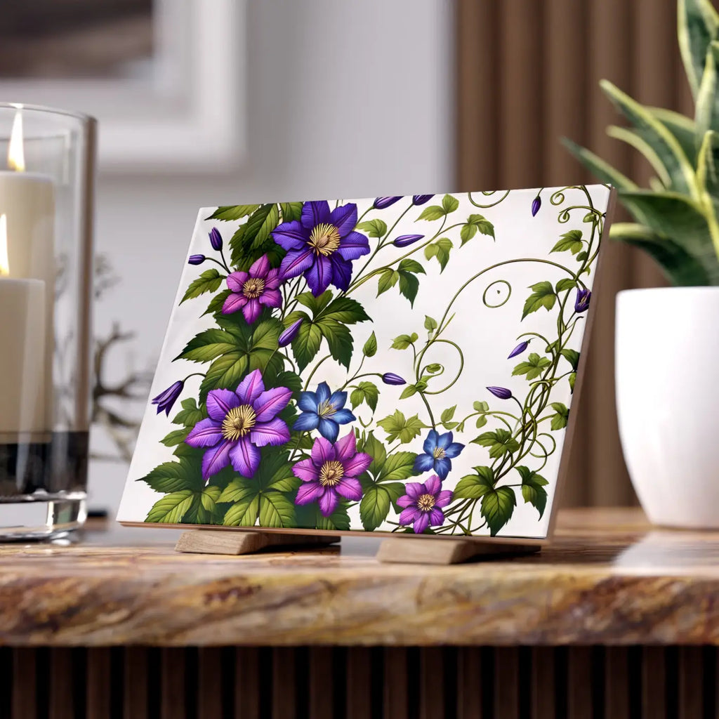 Purple Clematis Flowers Ceramic Photo Tile - Wall Art - DipaliZ