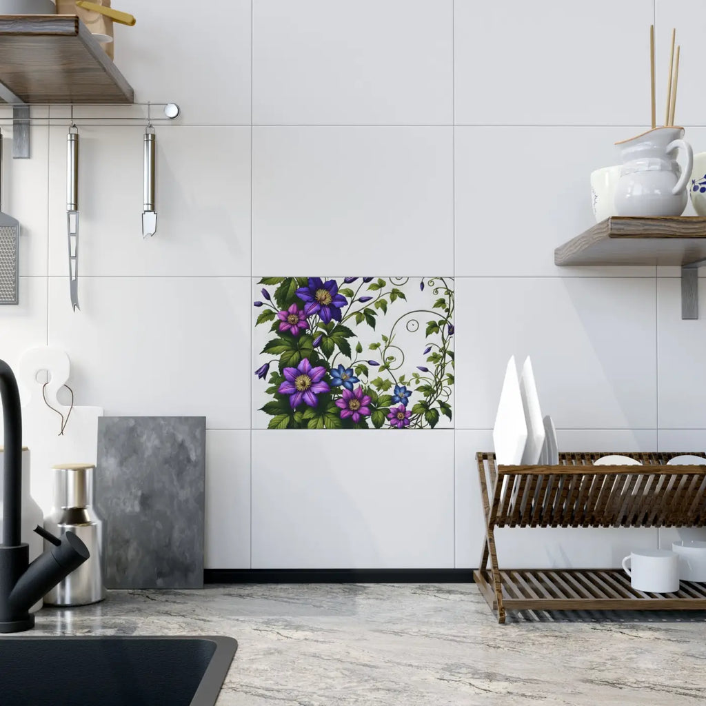 Purple Clematis Flowers Ceramic Photo Tile - Wall Art - DipaliZ