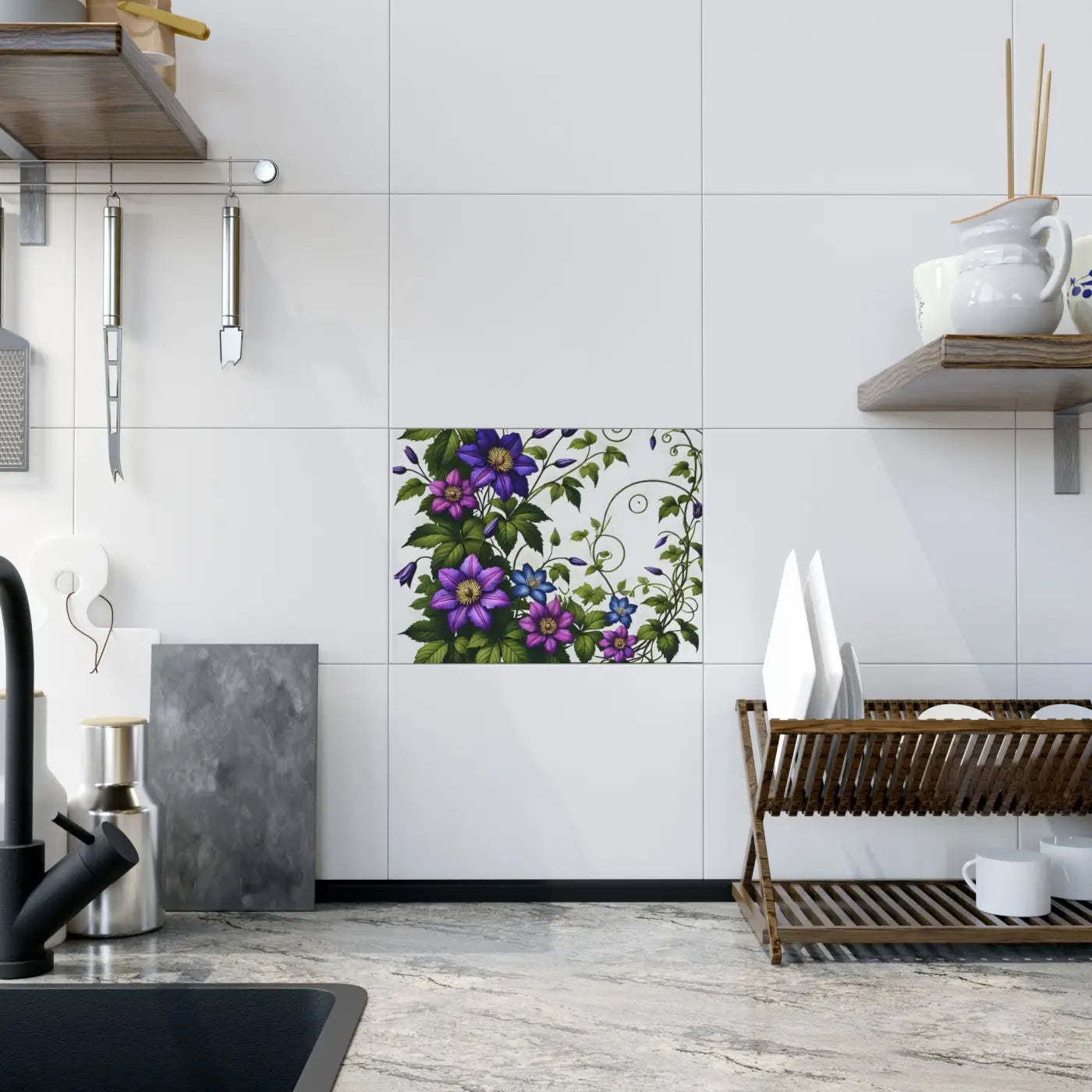 Purple Clematis Flowers Ceramic Photo Tile - Wall Art - DipaliZ