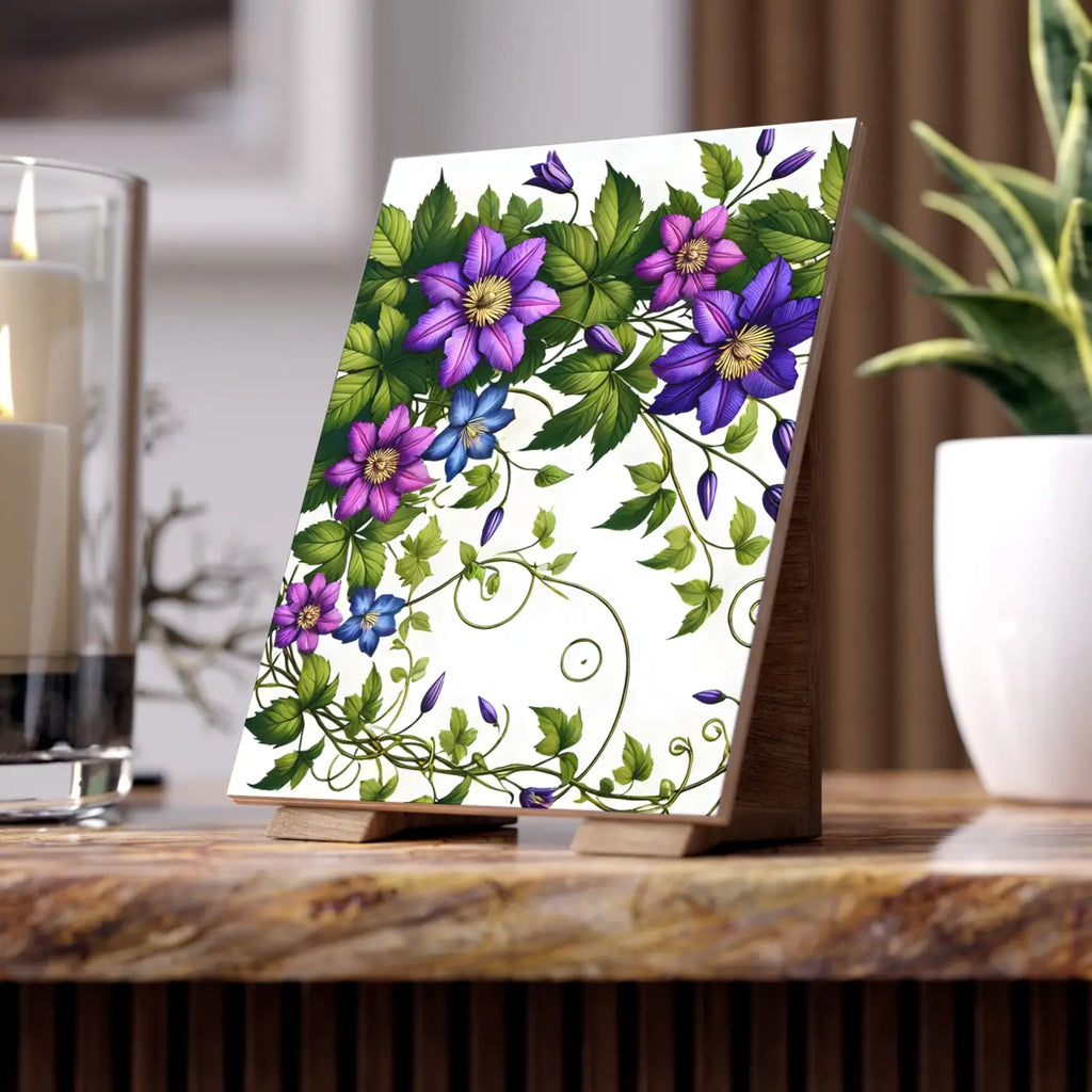 Purple Clematis Flowers Ceramic Photo Tile - Wall Art - DipaliZ