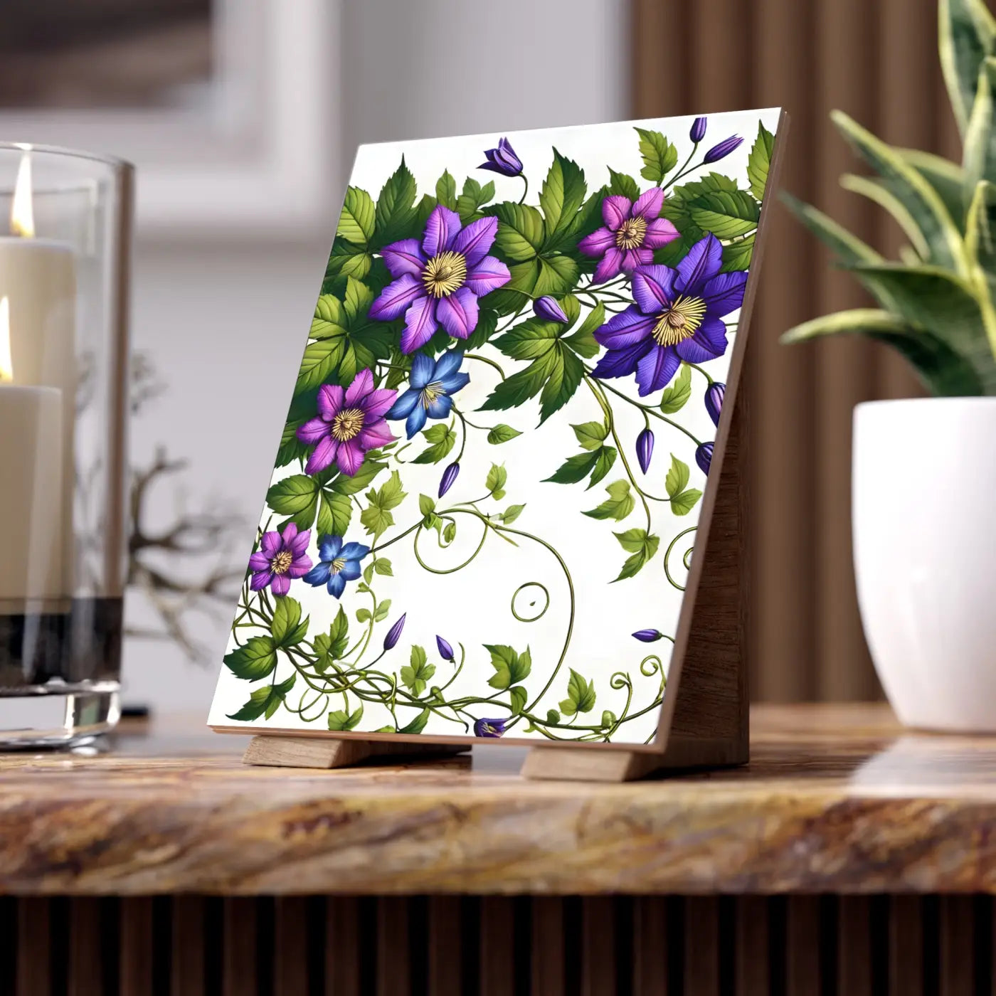 Purple Clematis Flowers Ceramic Photo Tile - Wall Art - DipaliZ