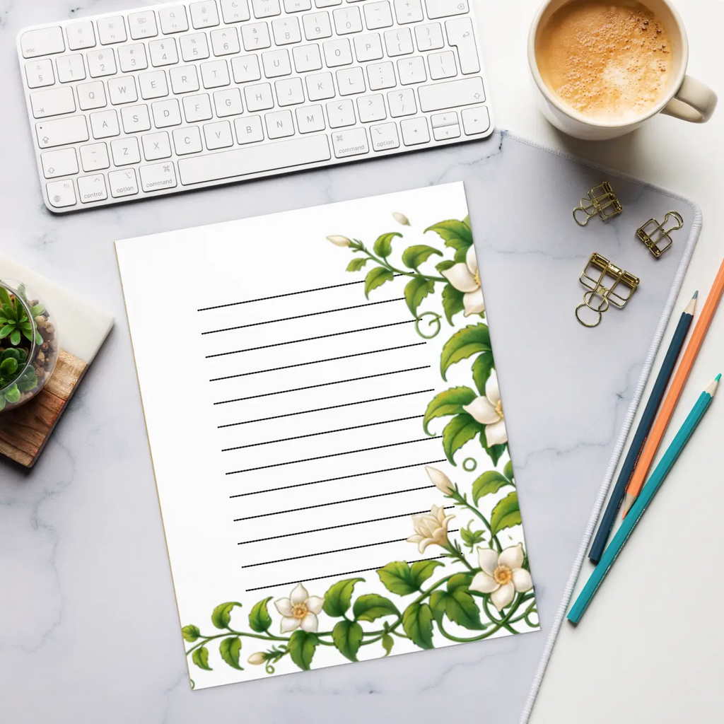 Floral Elegance Ruled Notepad - White Flowers Design - DipaliZ