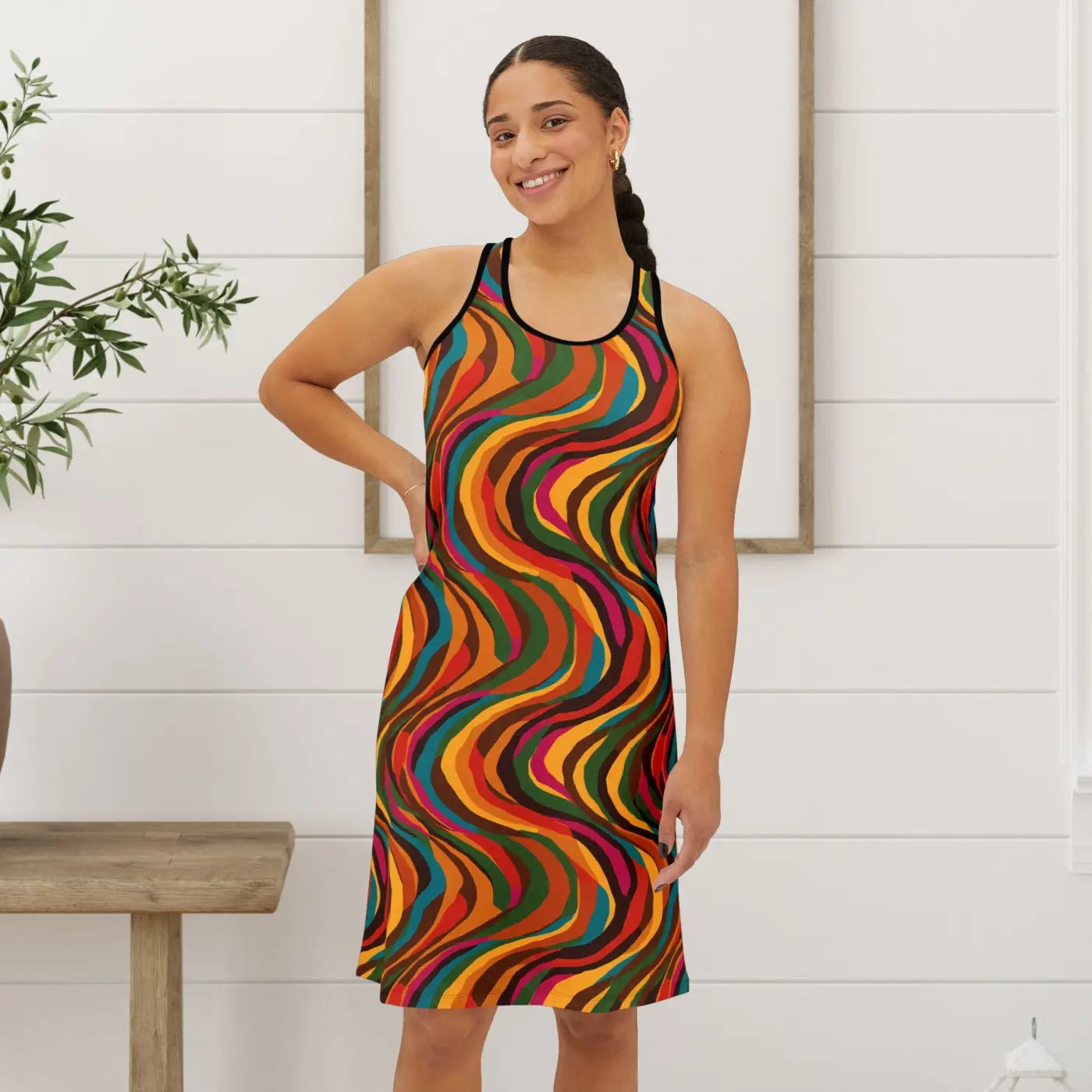 Wavy Retro Swirl Racerback Dress - 70s Vibes - DipaliZ