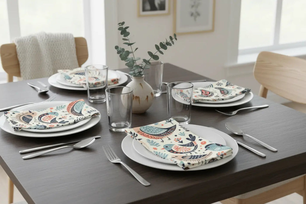 Whimsical Bird Pattern Cloth Napkins, Set of 4 - Ideal for Eco-Friendly Dining, Seasonal Gatherings, and Everyday Use