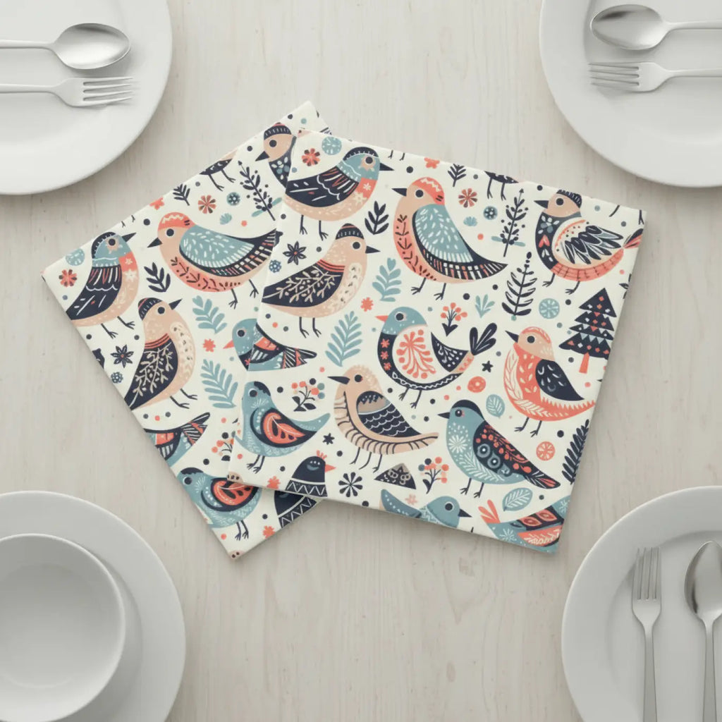 Whimsical Bird Pattern Cloth Napkins, Set of 4 - Ideal for Eco-Friendly Dining, Seasonal Gatherings, and Everyday Use