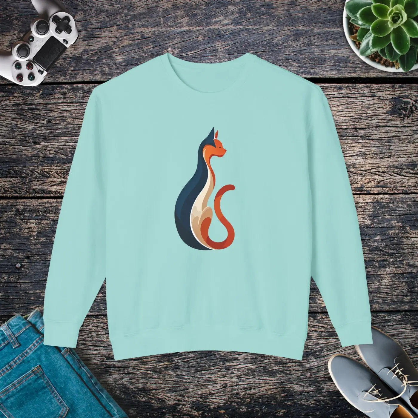 Whimsical Cat Unisex Lightweight Crewneck Sweatshirt - Cozy - DipaliZ