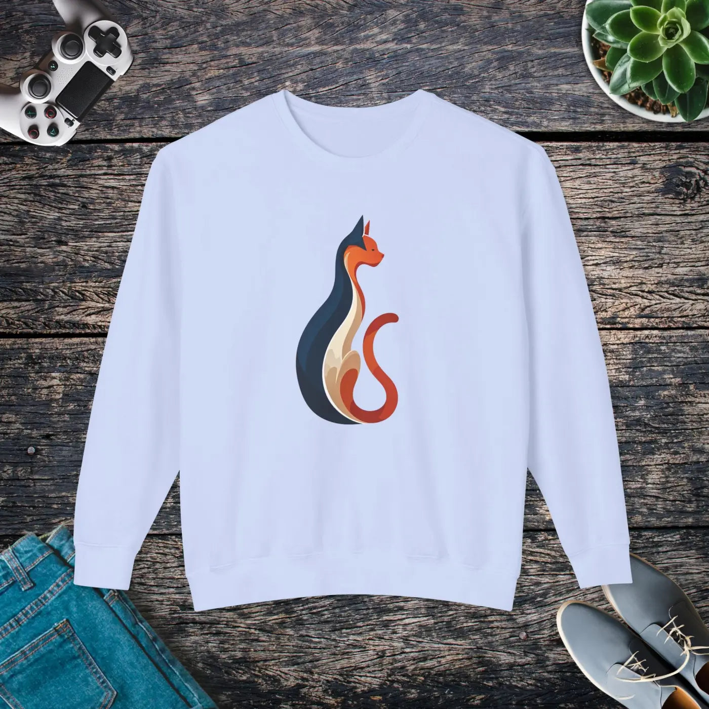 Whimsical Cat Unisex Lightweight Crewneck Sweatshirt - Cozy - DipaliZ