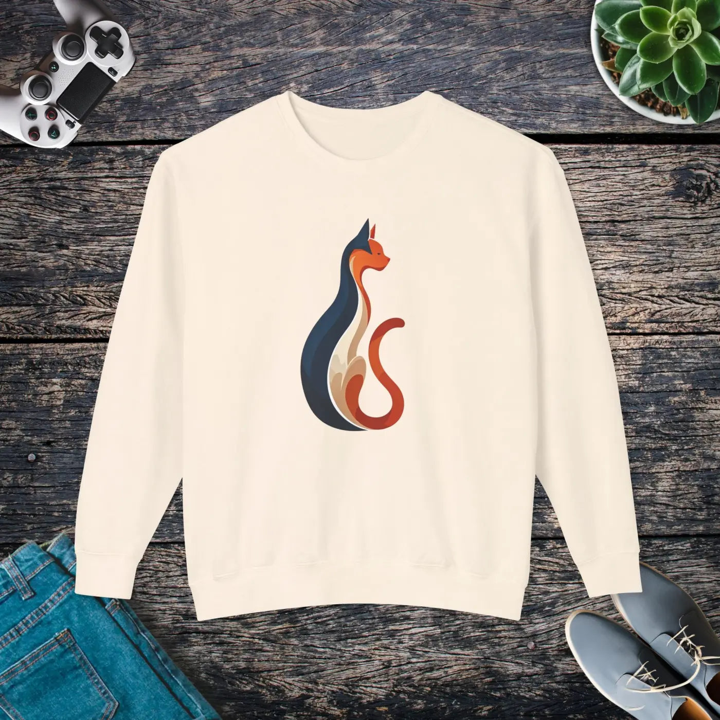 Whimsical Cat Unisex Lightweight Crewneck Sweatshirt - Cozy - DipaliZ