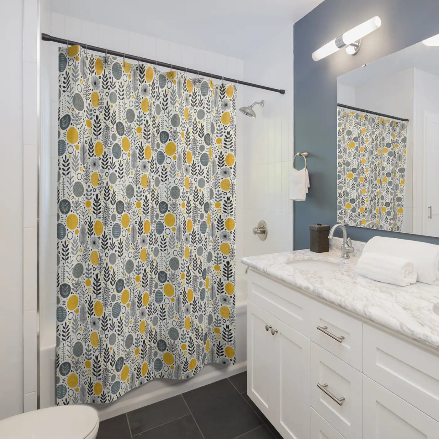 Floral Shower Curtain - Modern Bathroom Decor in Chic Grey Tones - DipaliZ