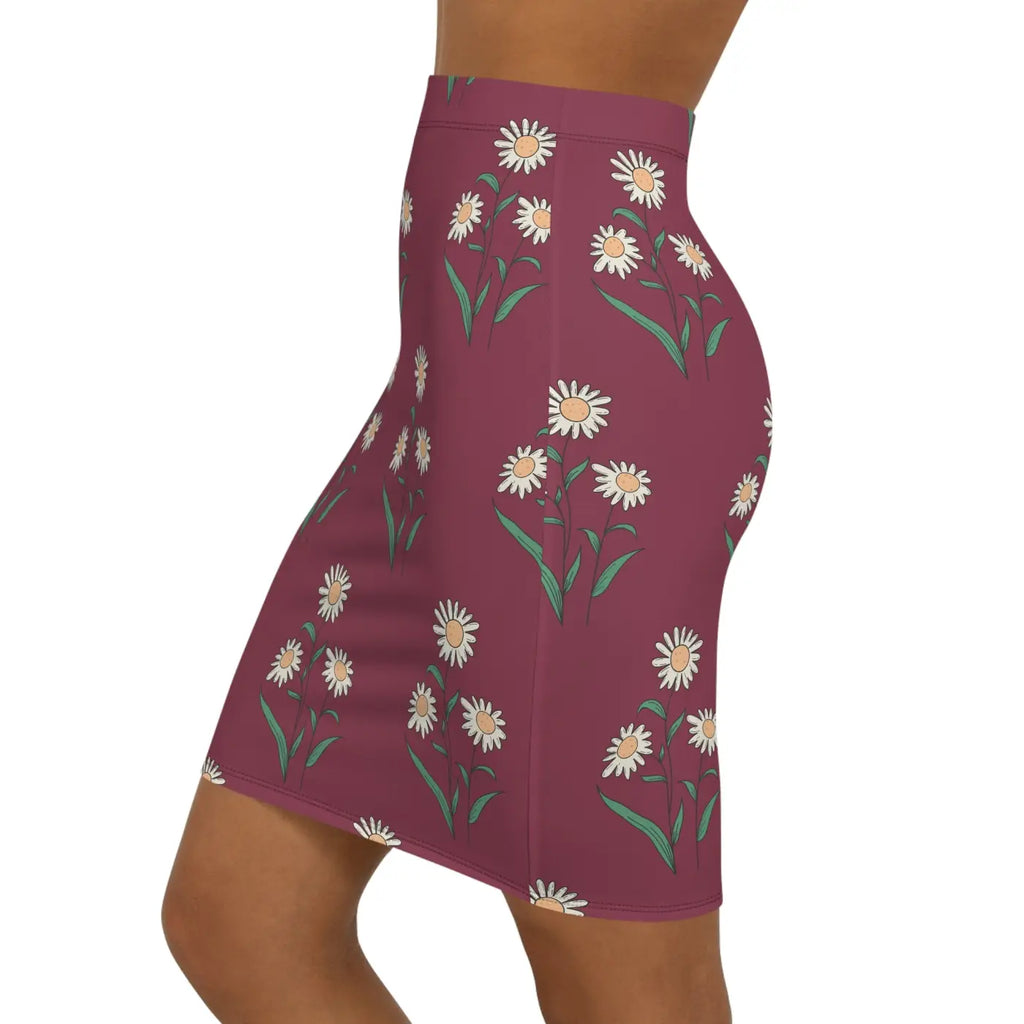 Floral Mini Skirt - White Daisies on Maroon - DipaliZ