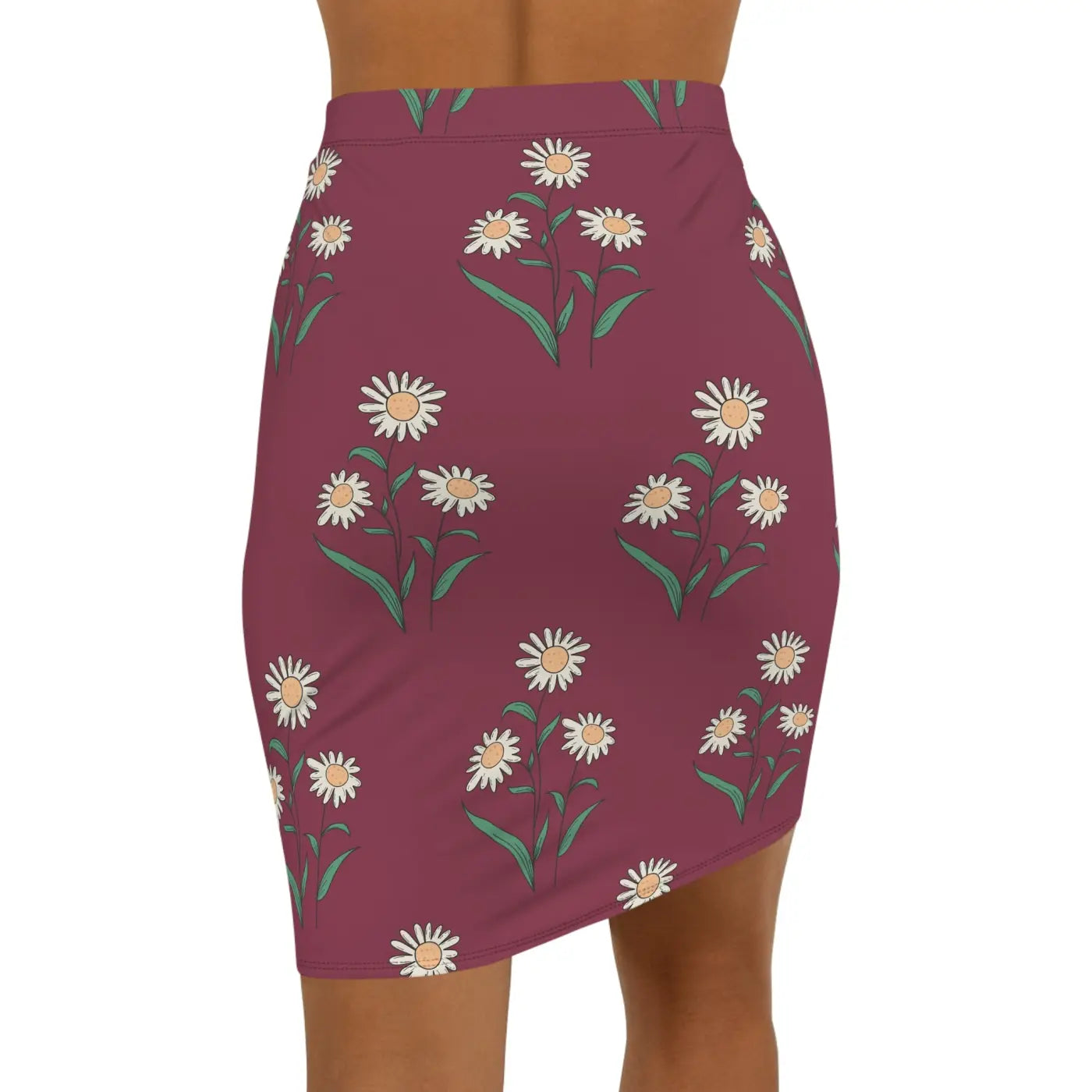 Floral Mini Skirt - White Daisies on Maroon - DipaliZ