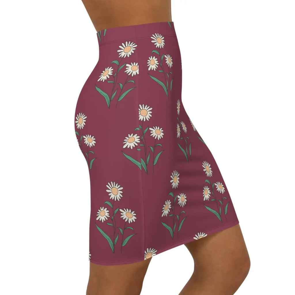 Floral Mini Skirt - White Daisies on Maroon - DipaliZ