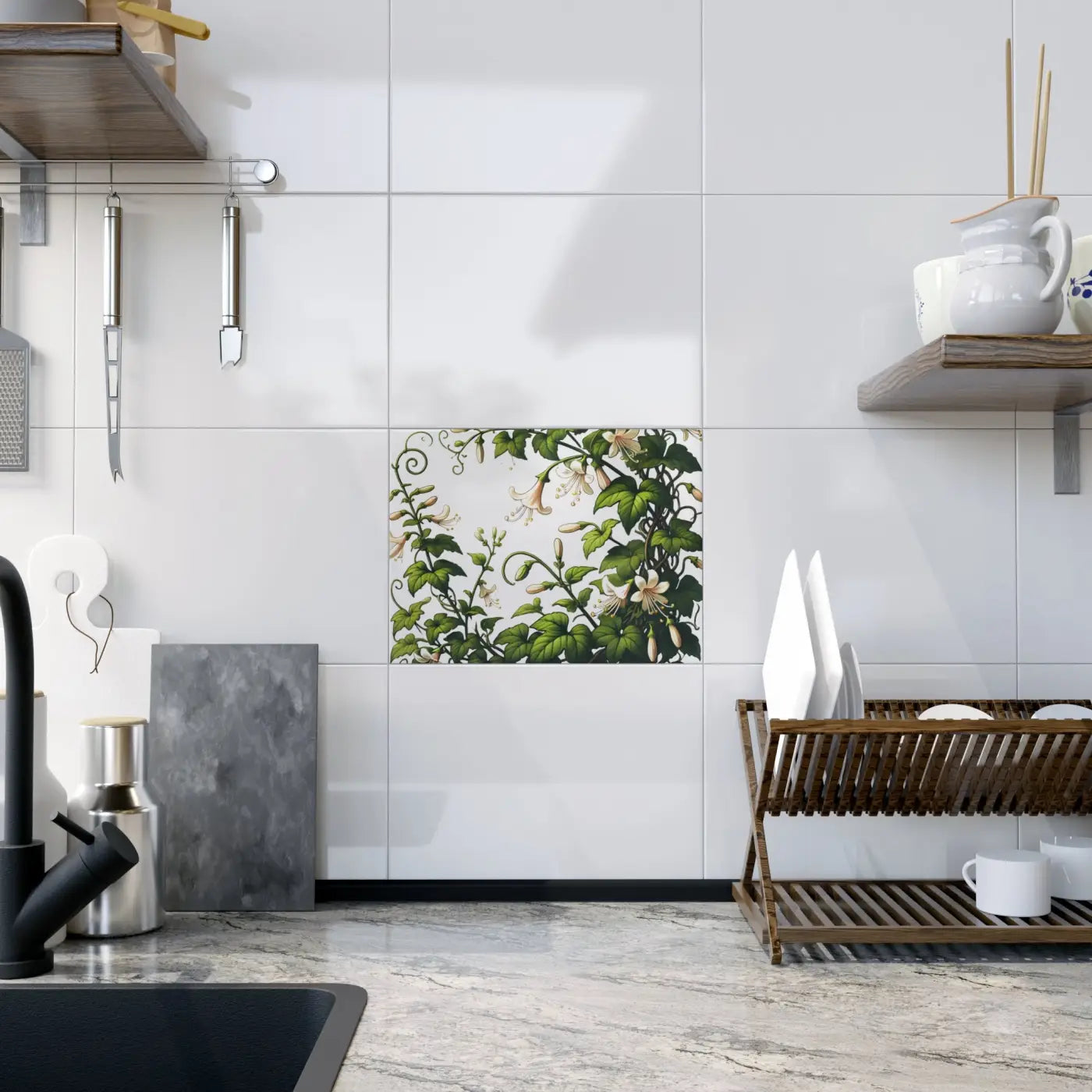 Ceramic Photo Tile - Modern White Trumpet Flowers - DipaliZ