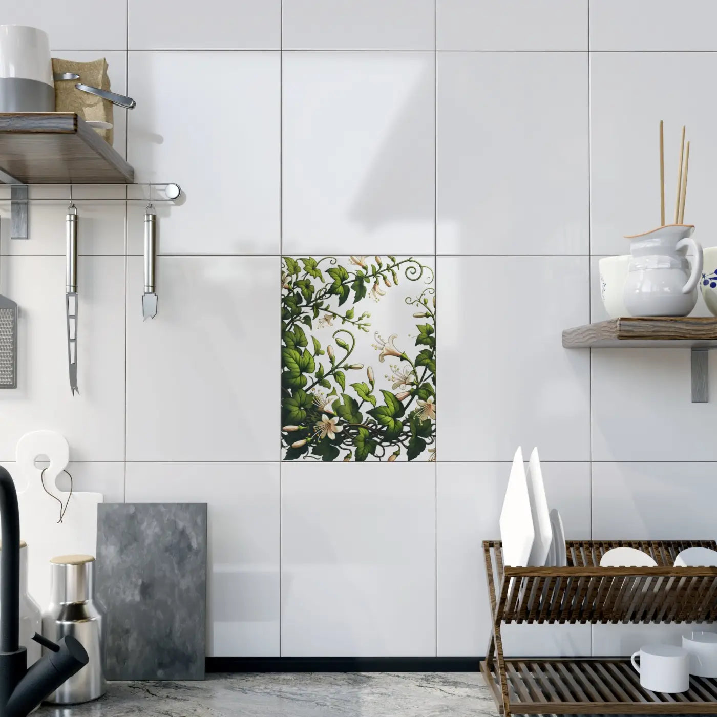 Ceramic Photo Tile - Modern White Trumpet Flowers - DipaliZ
