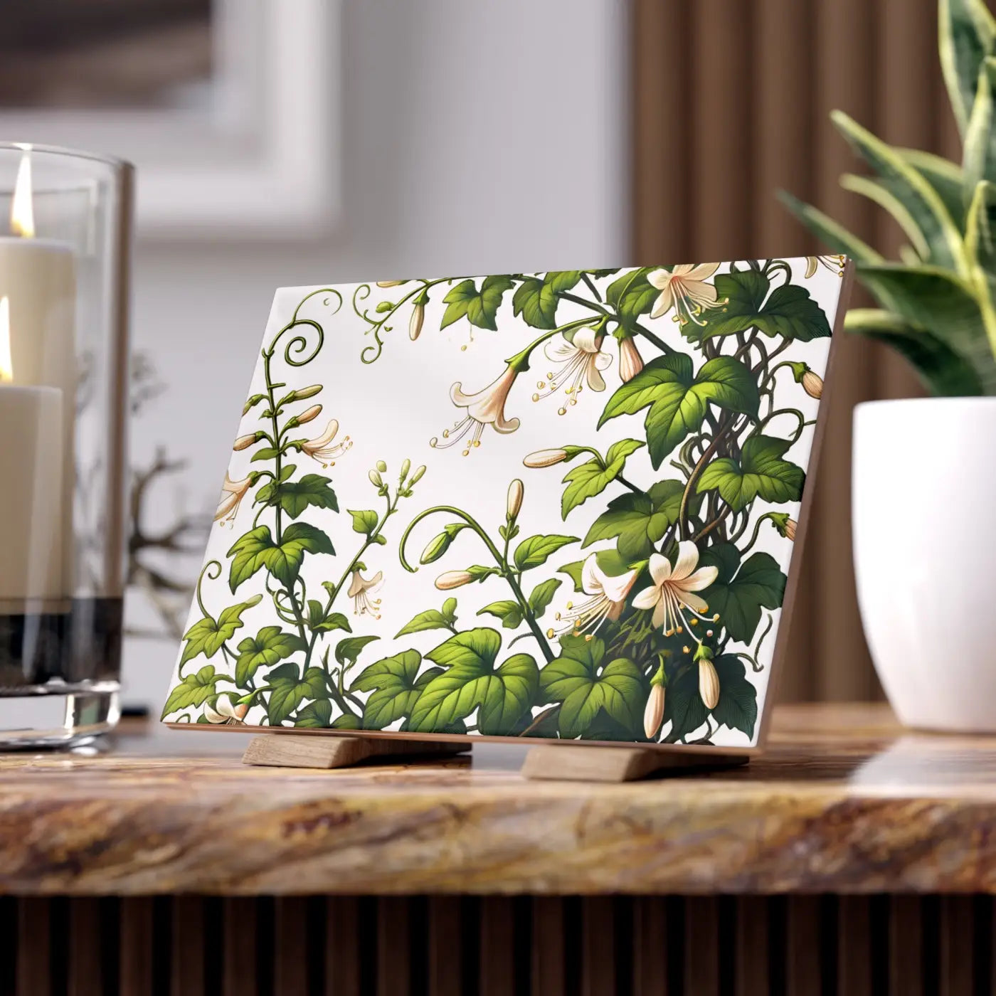 Ceramic Photo Tile - Modern White Trumpet Flowers - DipaliZ