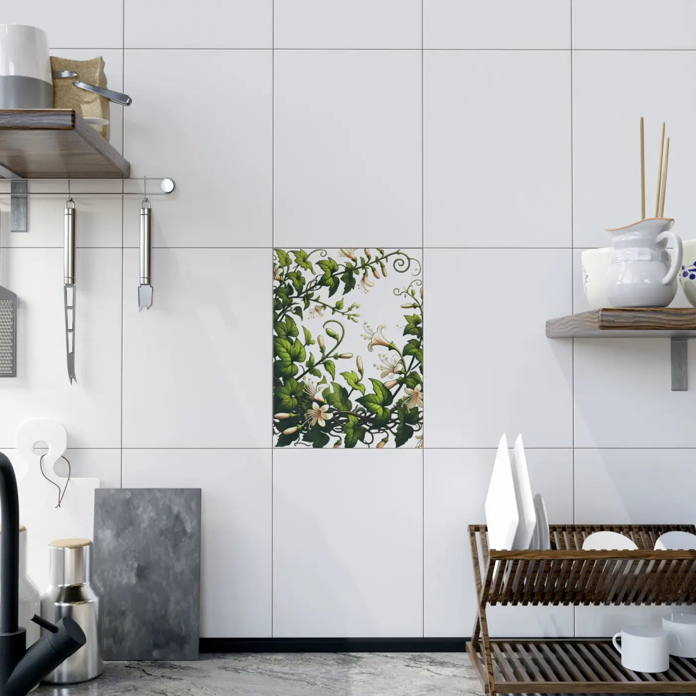 Ceramic Photo Tile - Modern White Trumpet Flowers - DipaliZ