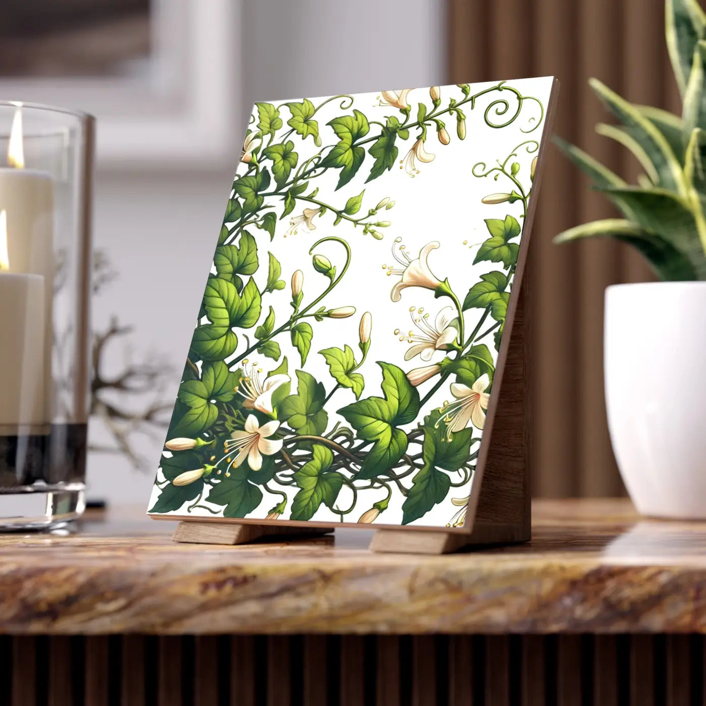 Ceramic Photo Tile - Modern White Trumpet Flowers - DipaliZ