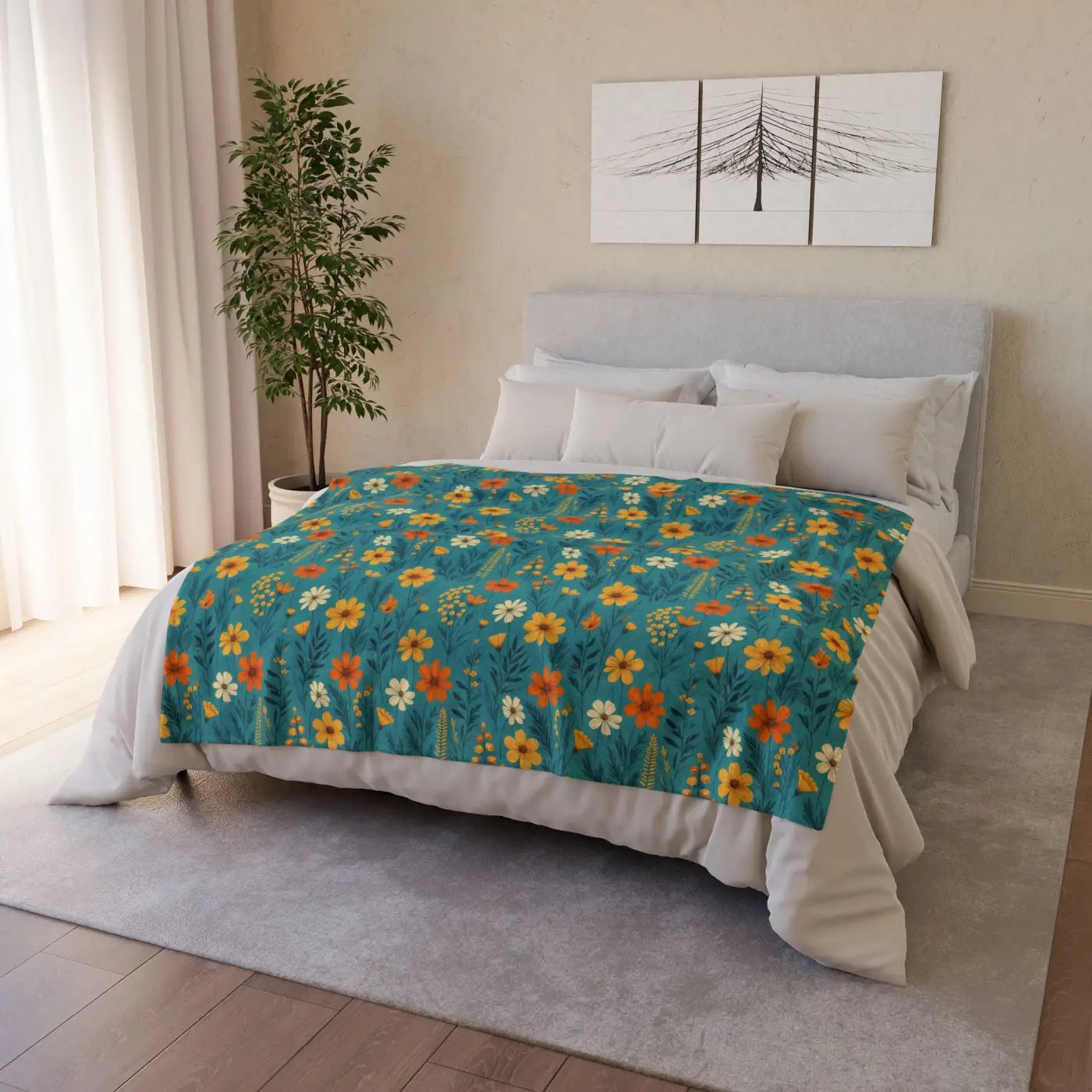 Soft Polyester Blanket - Wild Flower on Soothing Teal - DipaliZ