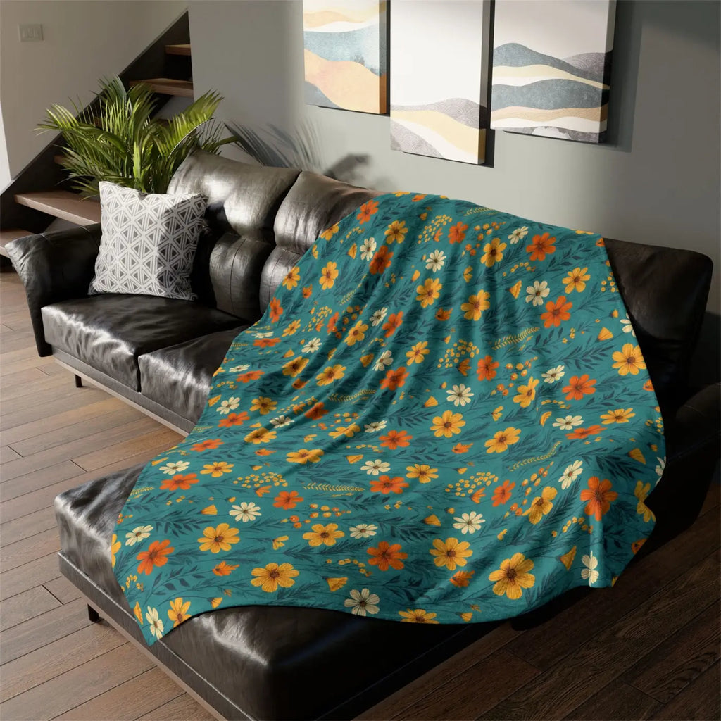 Soft Polyester Blanket - Wild Flower on Soothing Teal - DipaliZ