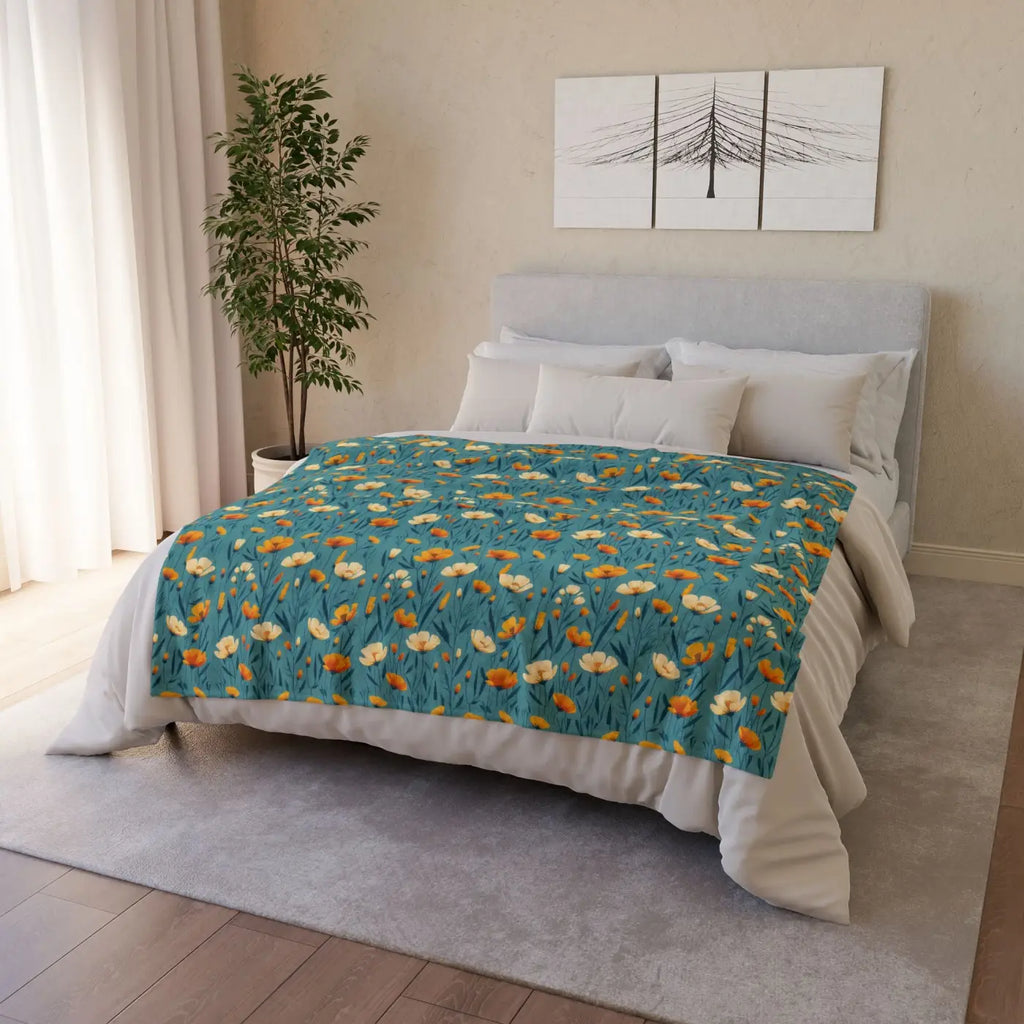 Wild Flowers Soft Polyester Blanket - Teal One-Sided Print - DipaliZ