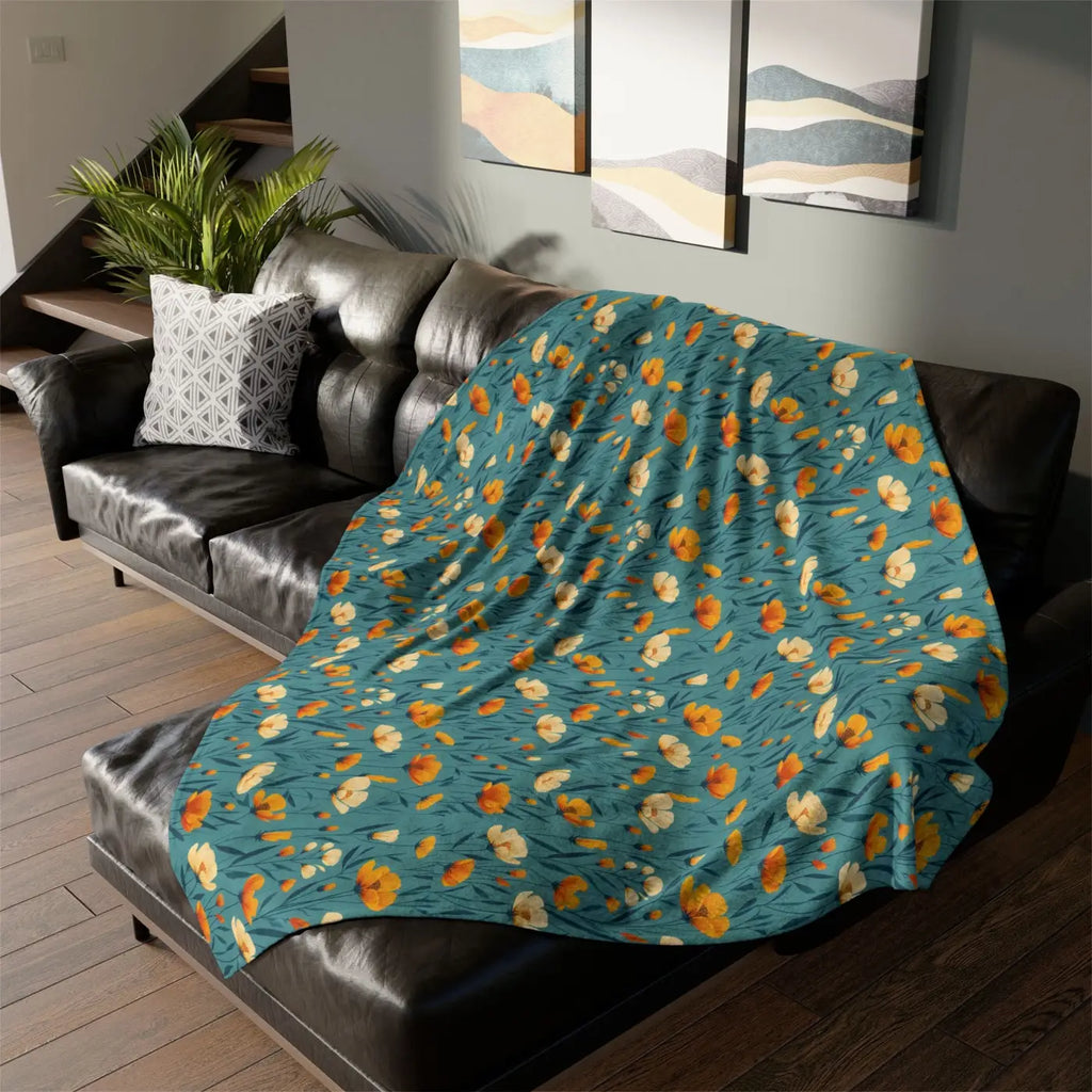 Wild Flowers Soft Polyester Blanket - Teal One-Sided Print - DipaliZ
