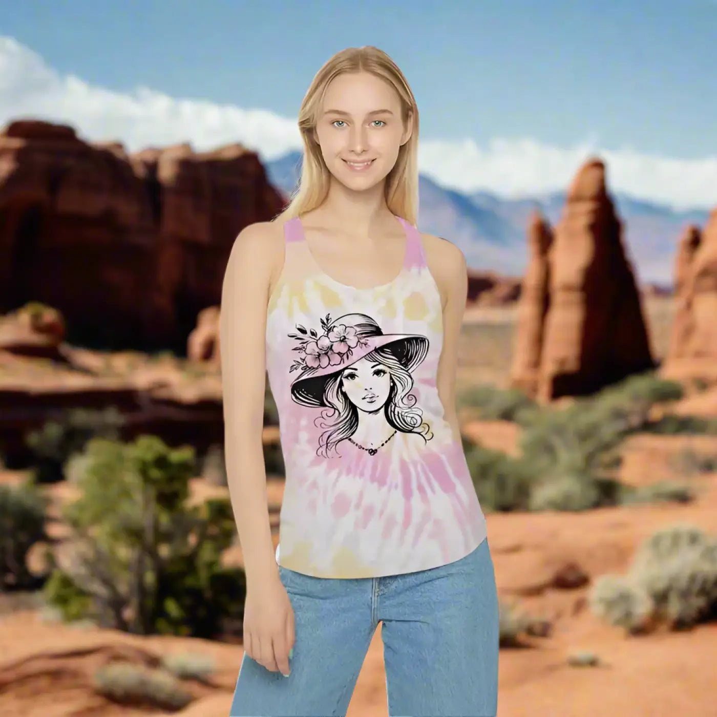 Women's Tie Dye Racerback Tank - Flower Hat Design - DipaliZ