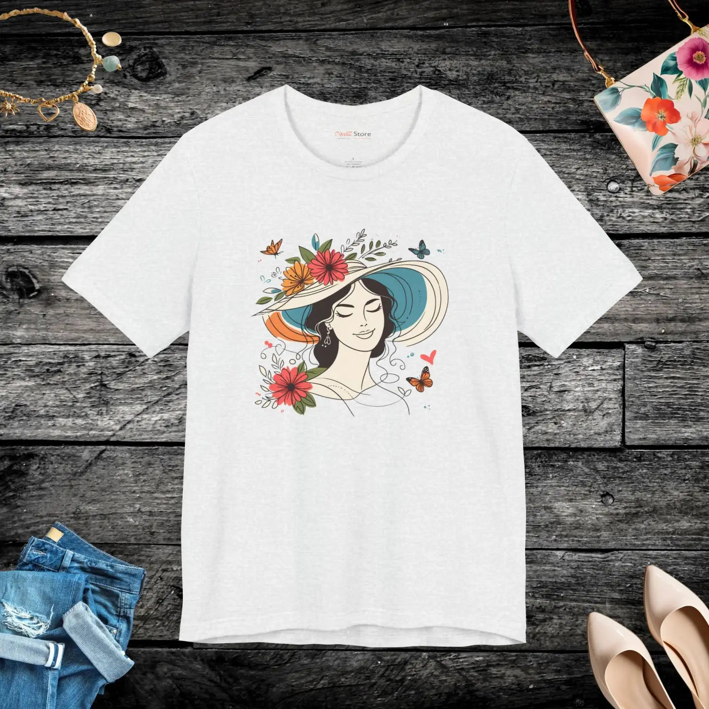 Unisex Jersey Tee - Woman with Hat and Flowers Design - DipaliZ