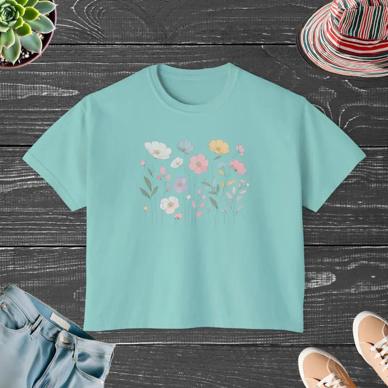 Boxy Tee - Spring Flowers Flowy Rolled Cuffs - DipaliZ