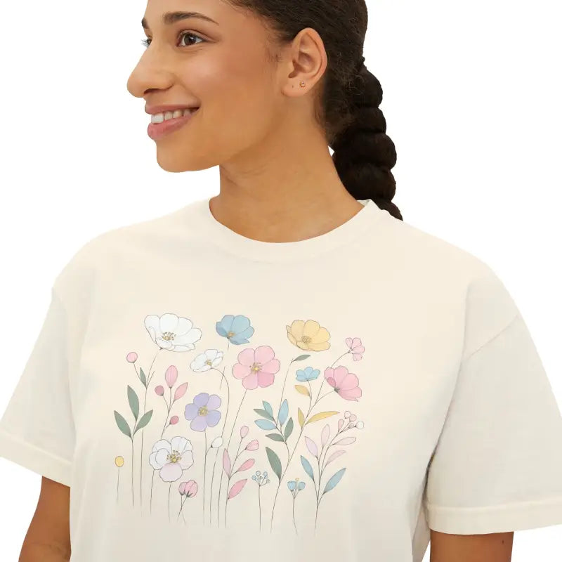 Boxy Tee - Spring Flowers Flowy Rolled Cuffs - DipaliZ