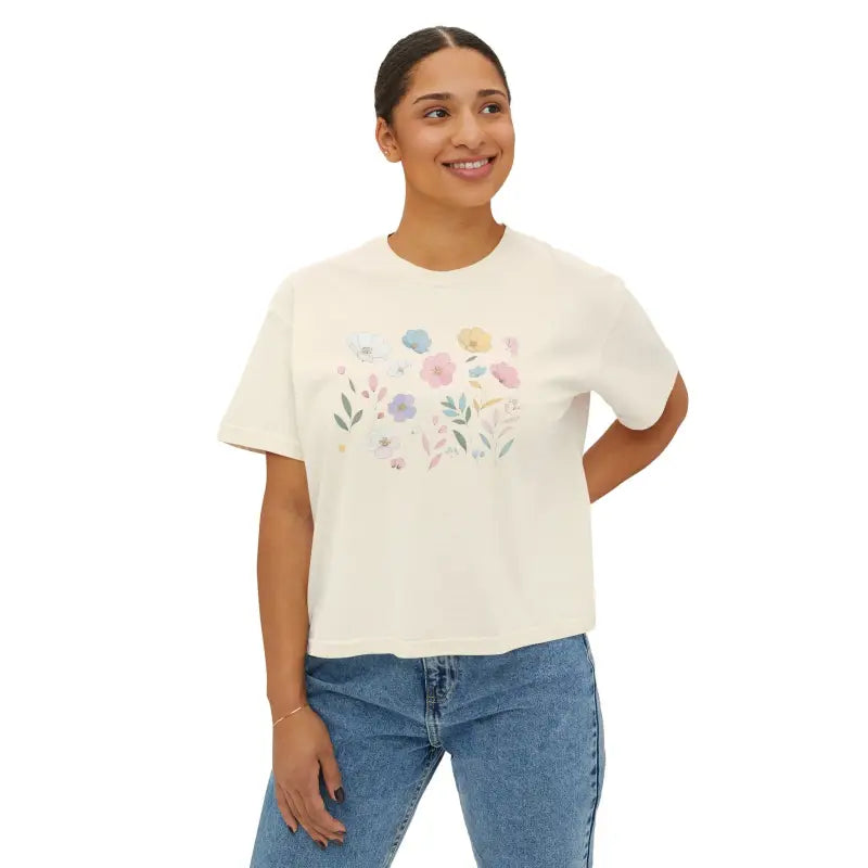 Boxy Tee - Spring Flowers Flowy Rolled Cuffs - DipaliZ
