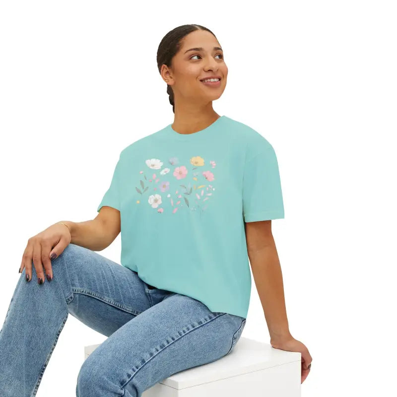 Boxy Tee - Spring Flowers Flowy Rolled Cuffs - DipaliZ